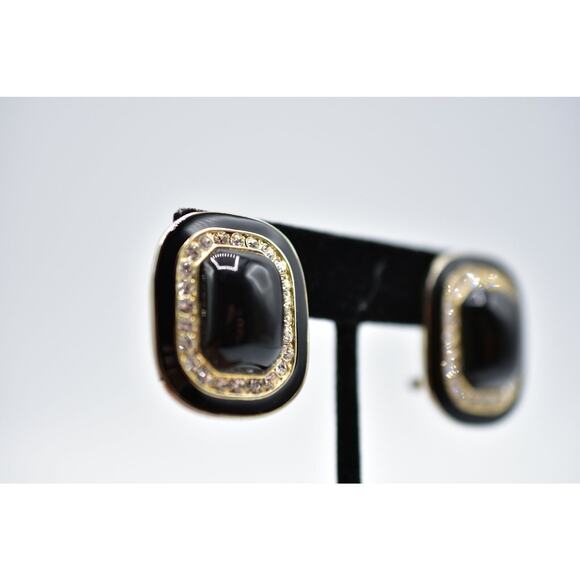 Vintage Earrings Sparkling Rhinestone Crystal Statement Black Enamel Thick Bin8 - Picture 6 of 10